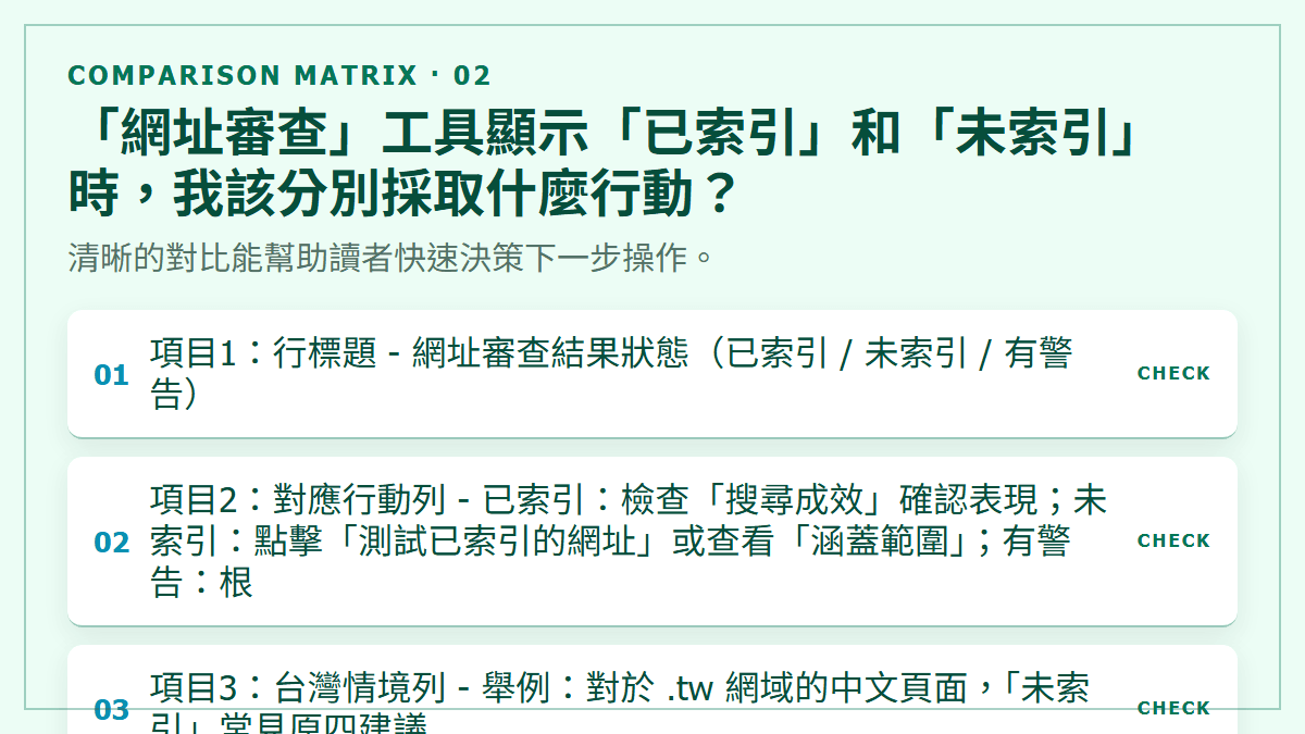 「網址審查」工具顯示「已索引」和「未索引」時，我該分別採取什麼行動？：清晰的對比能幫助讀者快速決策下一步操作。