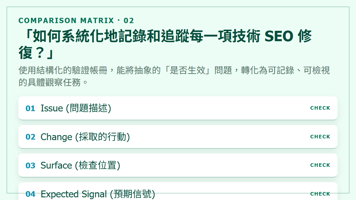 「如何系統化地記錄和追蹤每一項技術 SEO 修復？」：使用結構化的驗證帳冊，能將抽象的「是否生效」問題，轉化為可記錄、可檢視的具體觀察任務。