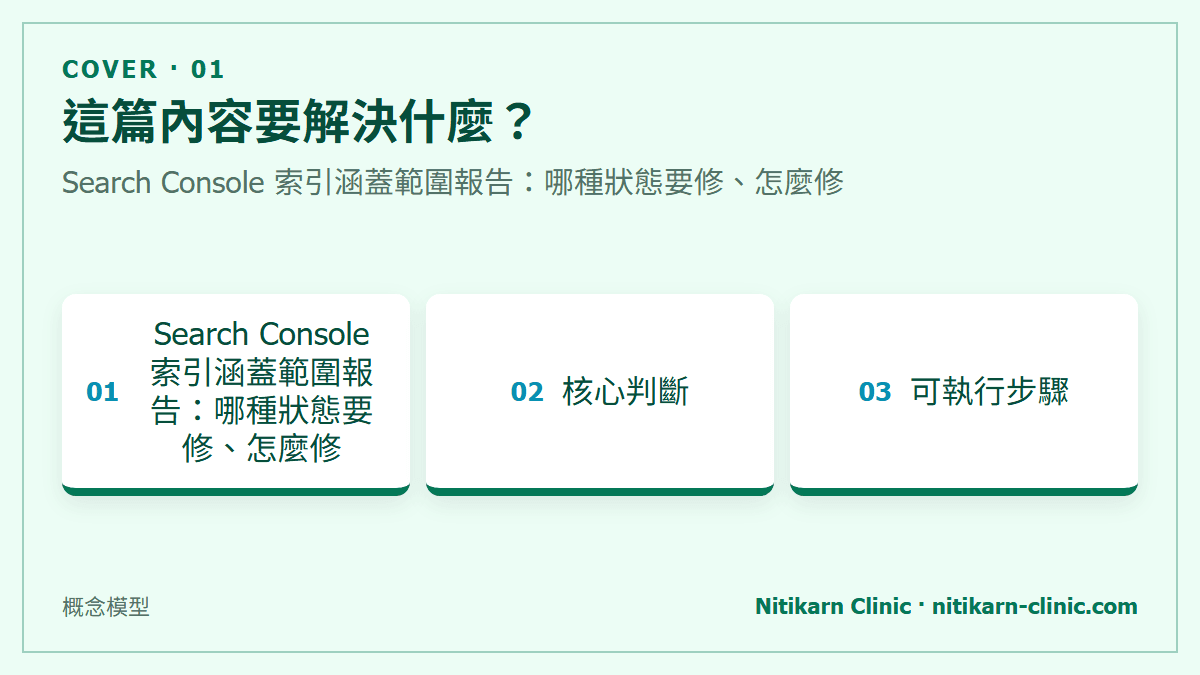 這篇內容要解決什麼？：Search Console 索引涵蓋範圍報告：哪種狀態要修、怎麼修
