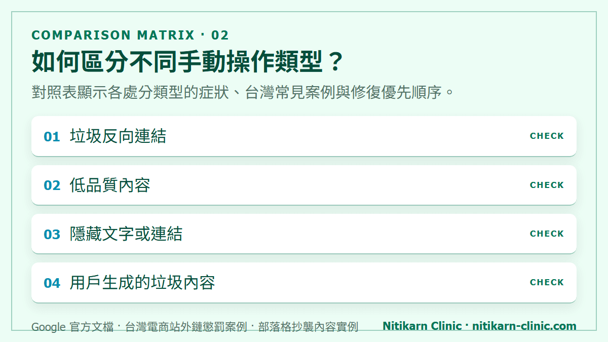 如何區分不同手動操作類型？：對照表顯示各處分類型的症狀、台灣常見案例與修復優先順序。