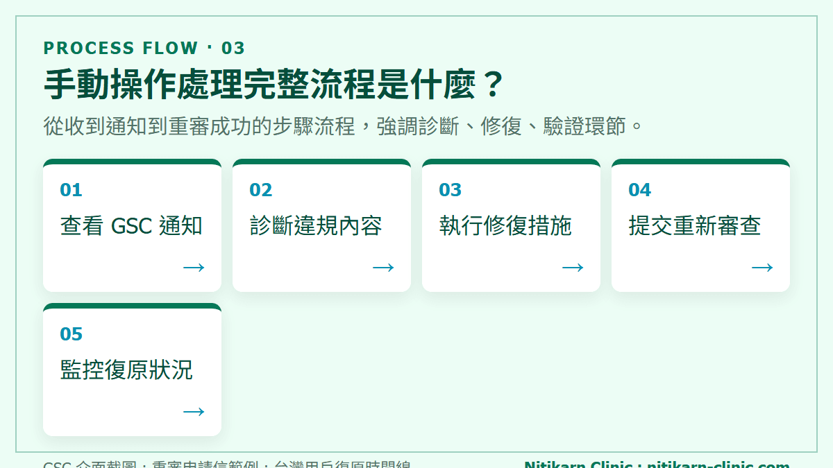 手動操作處理完整流程是什麼？：從收到通知到重審成功的步驟流程，強調診斷、修復、驗證環節。